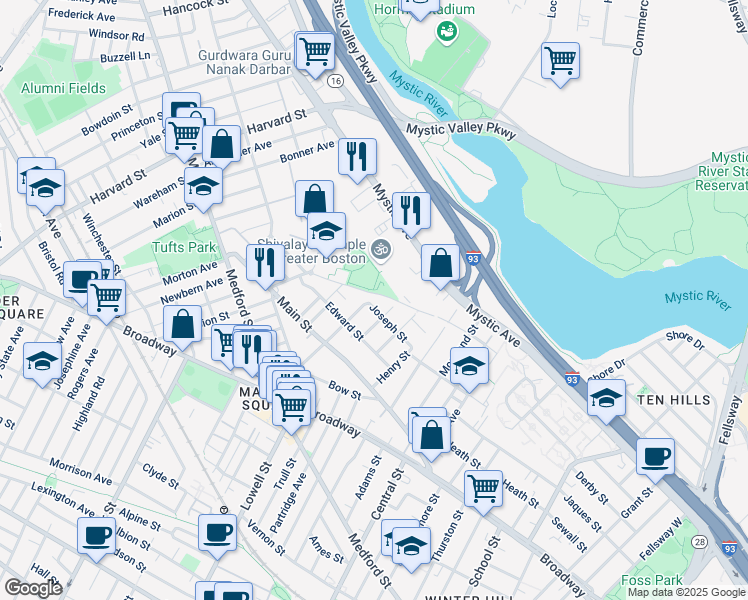 map of restaurants, bars, coffee shops, grocery stores, and more near 2 Joseph Street in Medford