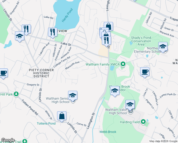 map of restaurants, bars, coffee shops, grocery stores, and more near 50 Mount Walley Road in Waltham