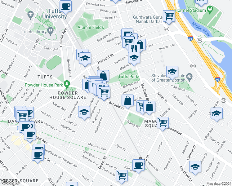 map of restaurants, bars, coffee shops, grocery stores, and more near 80 Winchester Street in Medford