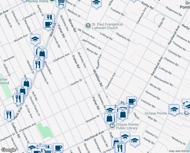 map of restaurants, bars, coffee shops, grocery stores, and more near 287 McMillan Road in Grosse Pointe Farms