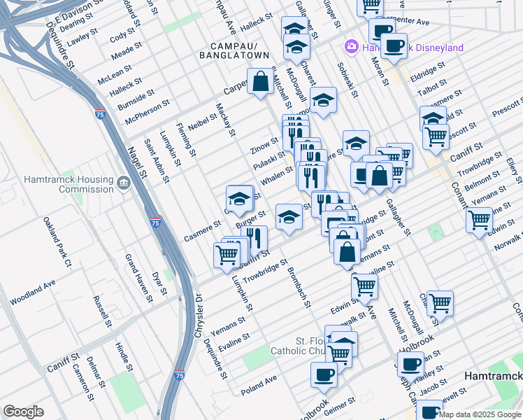map of restaurants, bars, coffee shops, grocery stores, and more near 2415 Burger Street in Hamtramck