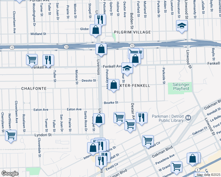 map of restaurants, bars, coffee shops, grocery stores, and more near 14917 Petoskey Avenue in Detroit