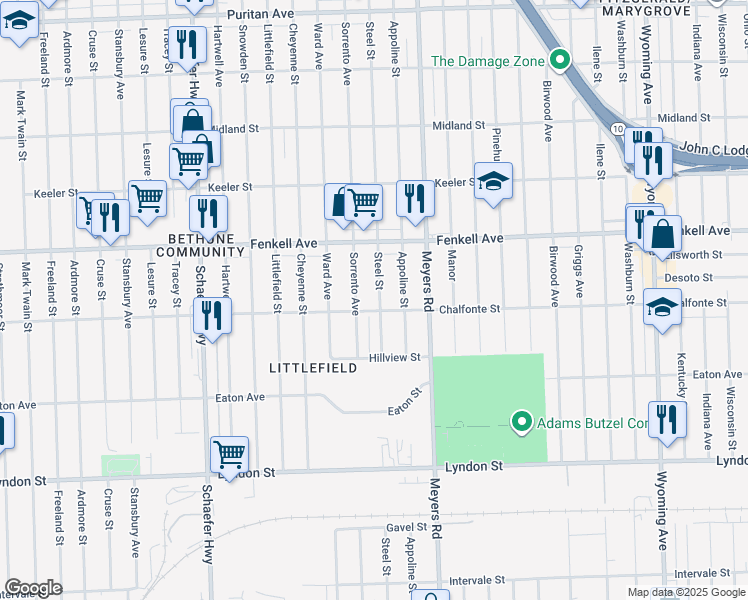 map of restaurants, bars, coffee shops, grocery stores, and more near 15019 Steel Street in Detroit