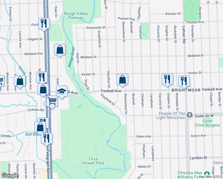 map of restaurants, bars, coffee shops, grocery stores, and more near 23230 Fenkell Avenue in Detroit