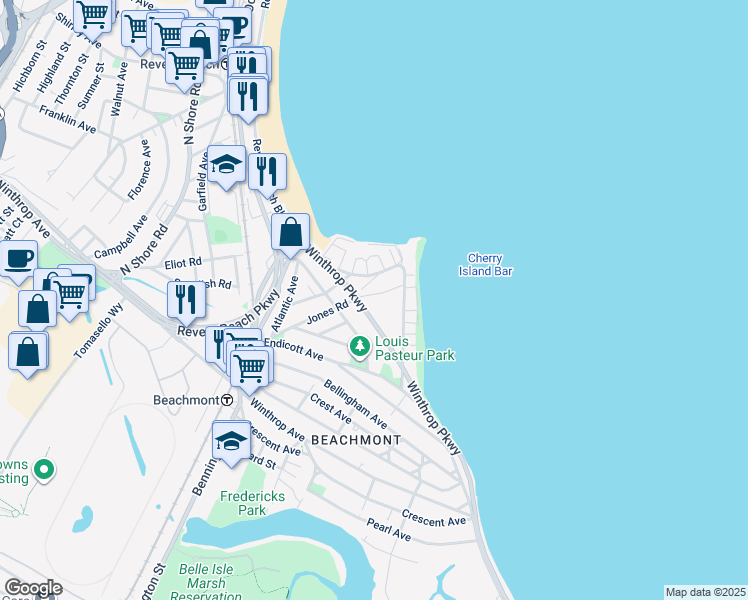map of restaurants, bars, coffee shops, grocery stores, and more near 23 Roughan Street in Revere