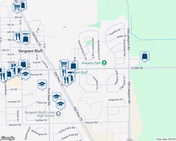 map of restaurants, bars, coffee shops, grocery stores, and more near 102 Windsor Way in Sergeant Bluff