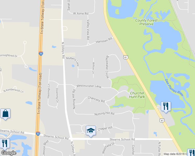 map of restaurants, bars, coffee shops, grocery stores, and more near 37015 Willow Lane in Gurnee