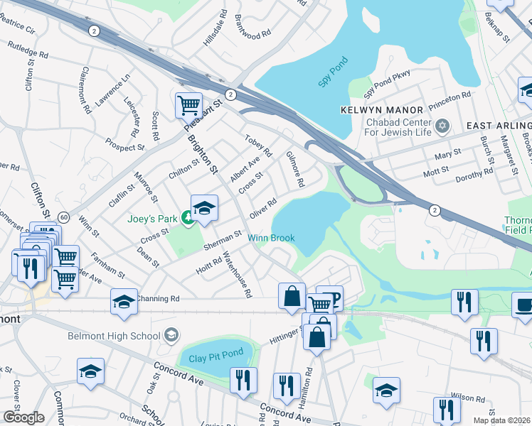 map of restaurants, bars, coffee shops, grocery stores, and more near 37 Oliver Road in Belmont