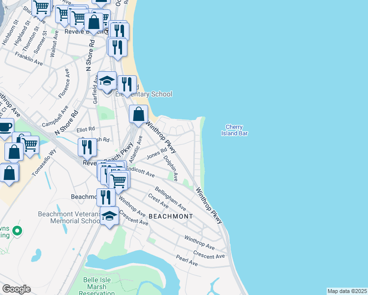 map of restaurants, bars, coffee shops, grocery stores, and more near 23 Roughan Street in Revere