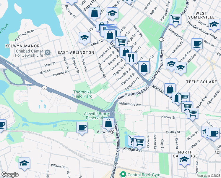 map of restaurants, bars, coffee shops, grocery stores, and more near 143 Thorndike Street in Arlington