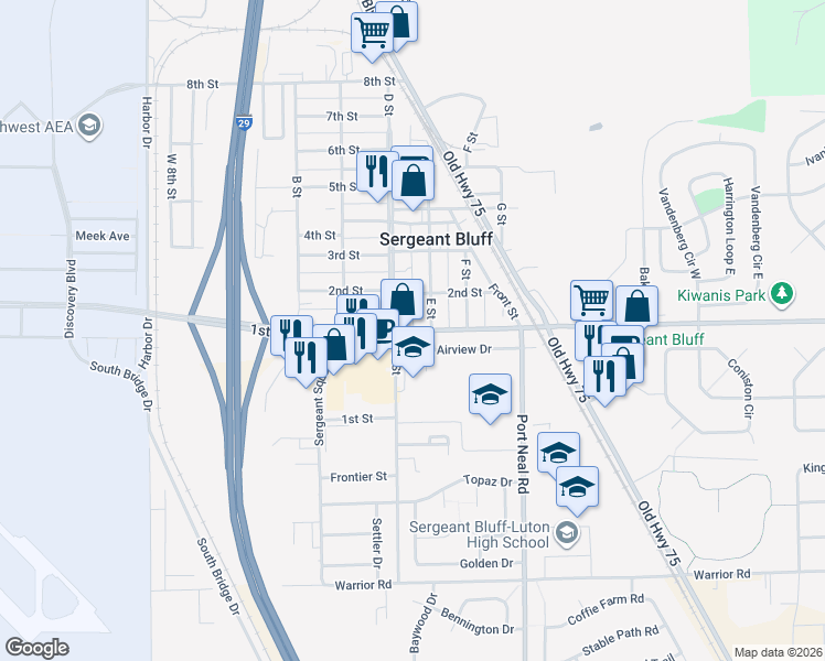 map of restaurants, bars, coffee shops, grocery stores, and more near 449 210th Street in Sergeant Bluff