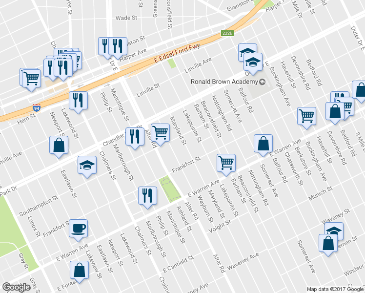 map of restaurants, bars, coffee shops, grocery stores, and more near 5281 Maryland Street in Detroit