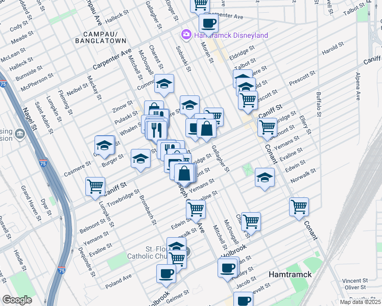 map of restaurants, bars, coffee shops, grocery stores, and more near 3050 Caniff Street in Hamtramck