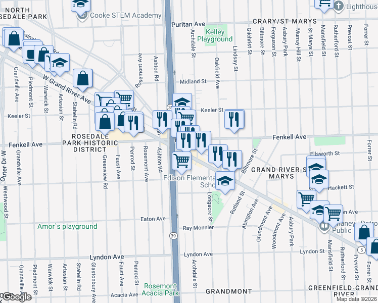 map of restaurants, bars, coffee shops, grocery stores, and more near 17700 Grand River Avenue in Detroit