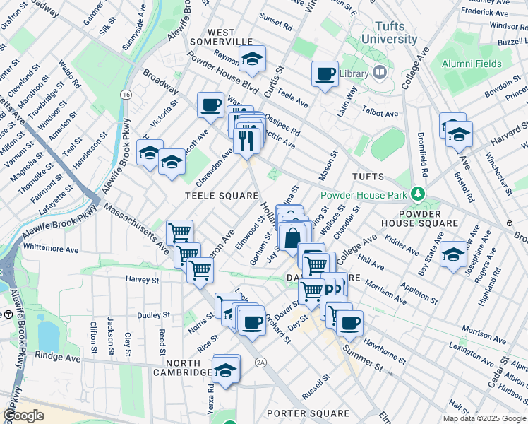 map of restaurants, bars, coffee shops, grocery stores, and more near 158 Holland Street in Somerville