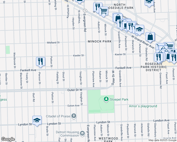 map of restaurants, bars, coffee shops, grocery stores, and more near 15170 Evergreen Road in Detroit