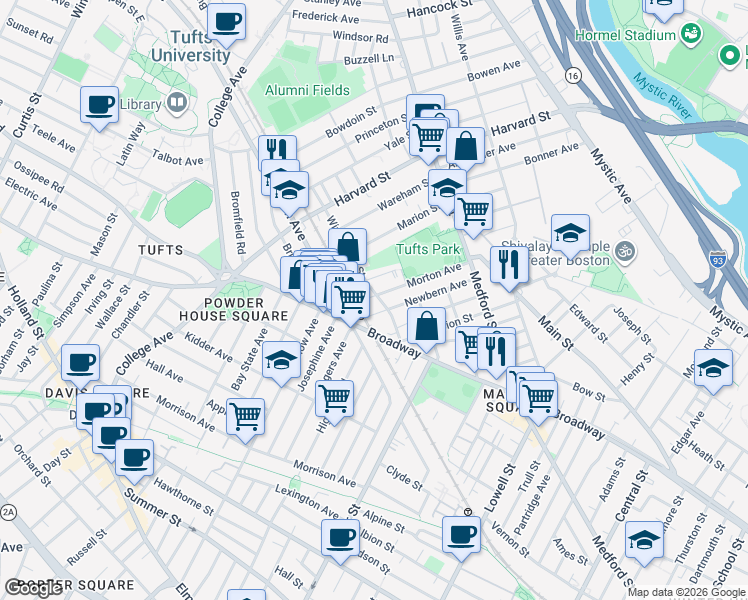 map of restaurants, bars, coffee shops, grocery stores, and more near in Medford