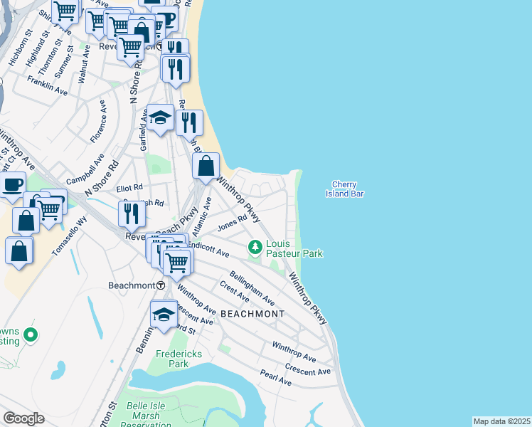 map of restaurants, bars, coffee shops, grocery stores, and more near 23 Roughan Street in Revere