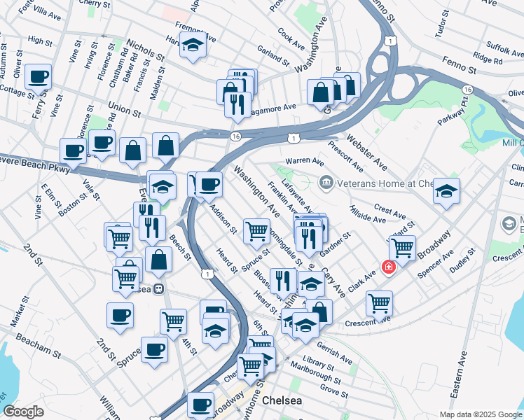 map of restaurants, bars, coffee shops, grocery stores, and more near 254 Washington Avenue in Chelsea
