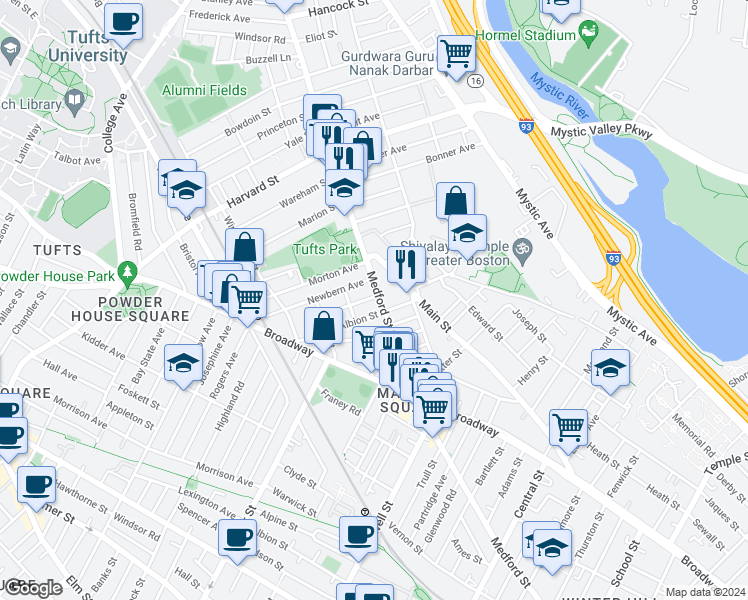 map of restaurants, bars, coffee shops, grocery stores, and more near 1 Clayton Avenue in Medford