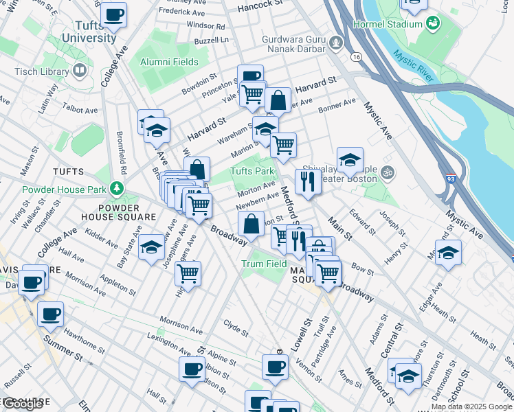 map of restaurants, bars, coffee shops, grocery stores, and more near 28 Newbern Avenue in Medford