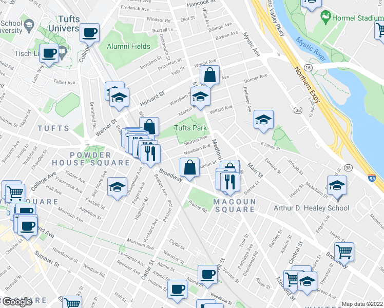 map of restaurants, bars, coffee shops, grocery stores, and more near 28 Newbern Avenue in Medford