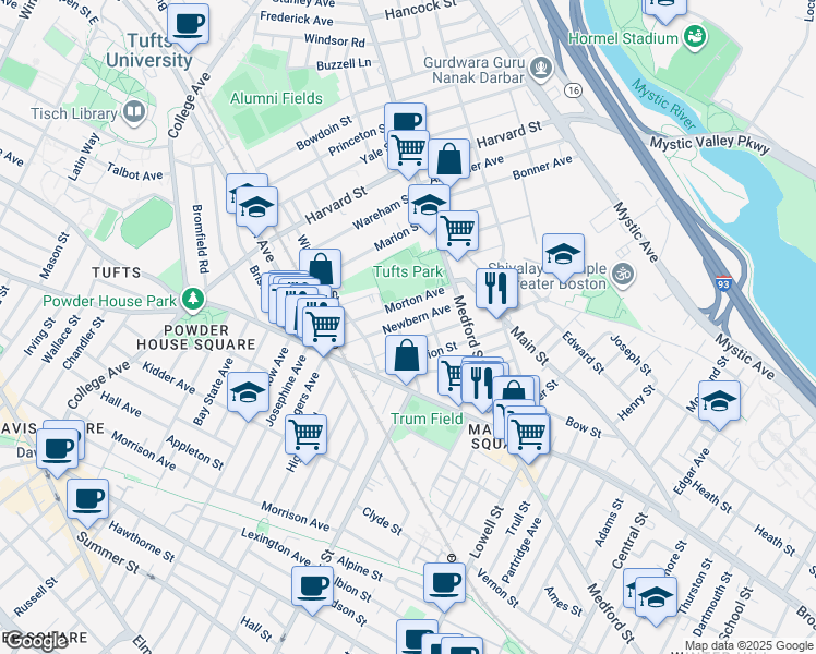 map of restaurants, bars, coffee shops, grocery stores, and more near 28 Newbern Avenue in Medford