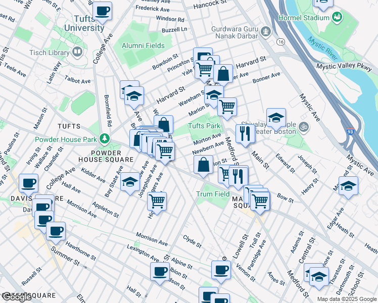 map of restaurants, bars, coffee shops, grocery stores, and more near 55 Newbern Avenue in Medford