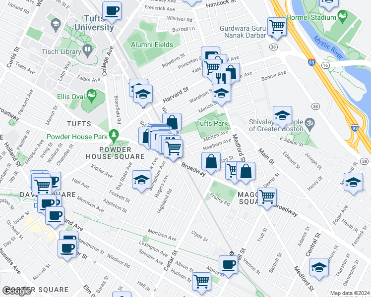 map of restaurants, bars, coffee shops, grocery stores, and more near in Medford