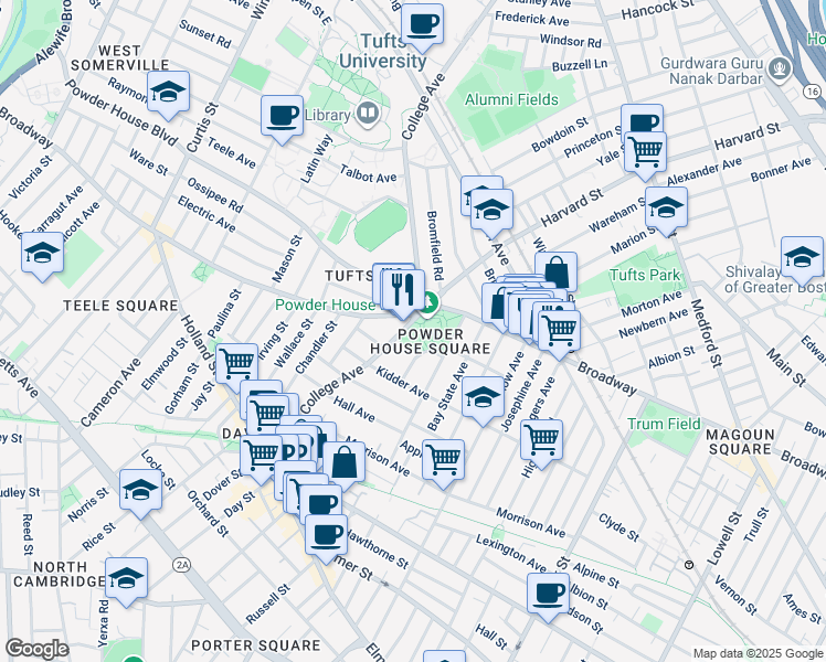 map of restaurants, bars, coffee shops, grocery stores, and more near 838 Broadway in Somerville