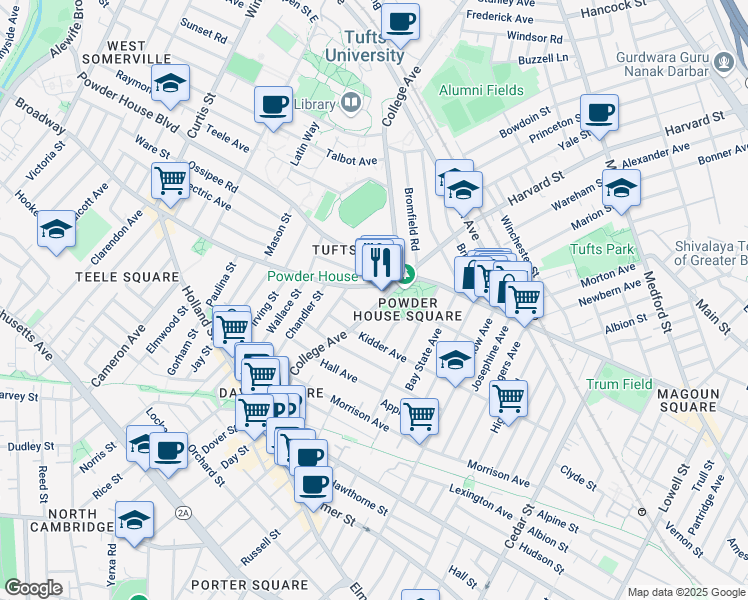 map of restaurants, bars, coffee shops, grocery stores, and more near 126 College Avenue in Somerville