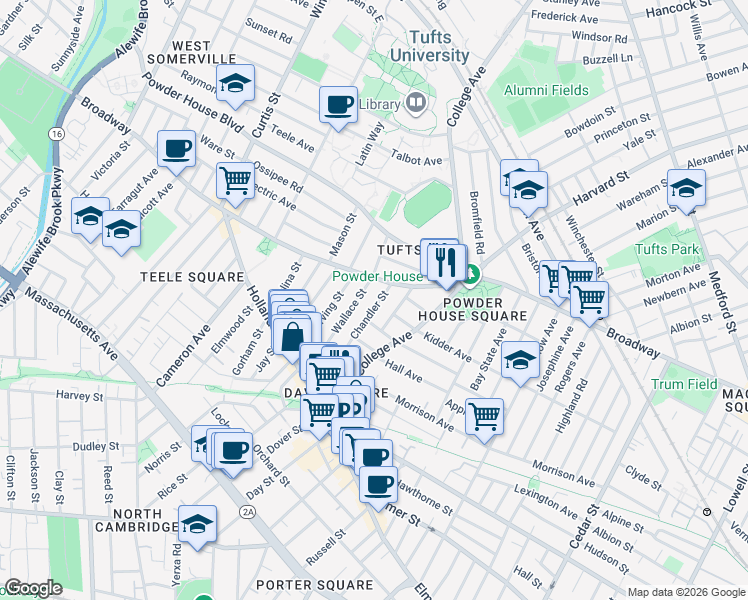 map of restaurants, bars, coffee shops, grocery stores, and more near 95 Wallace Street in Somerville
