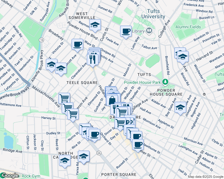 map of restaurants, bars, coffee shops, grocery stores, and more near 41 Corinthian Road in Somerville