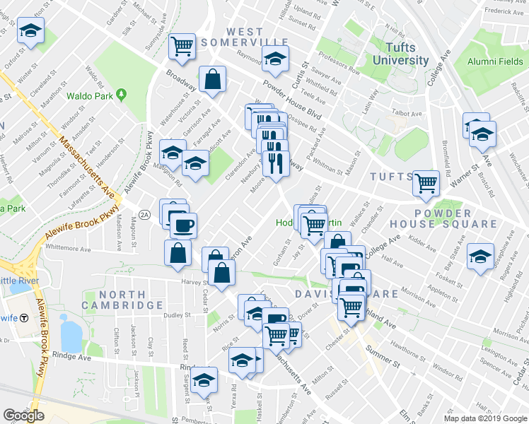 map of restaurants, bars, coffee shops, grocery stores, and more near 19 Cameron Avenue in Somerville