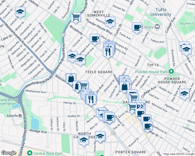 map of restaurants, bars, coffee shops, grocery stores, and more near in Somerville