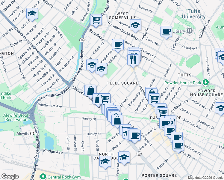 map of restaurants, bars, coffee shops, grocery stores, and more near 82 Newbury Street in Somerville
