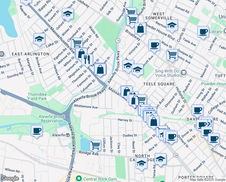 map of restaurants, bars, coffee shops, grocery stores, and more near 2571 Massachusetts Avenue in Cambridge