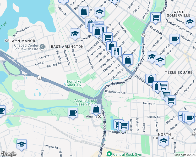 map of restaurants, bars, coffee shops, grocery stores, and more near 143 Thorndike Street in Arlington