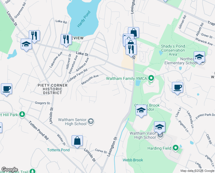map of restaurants, bars, coffee shops, grocery stores, and more near 50 Mount Walley Road in Waltham