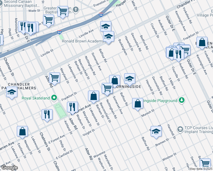 map of restaurants, bars, coffee shops, grocery stores, and more near 5065 Somerset Avenue in Detroit
