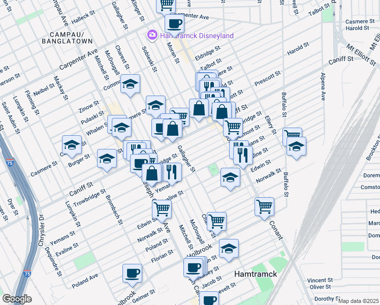 map of restaurants, bars, coffee shops, grocery stores, and more near 3150 Trowbridge Street in Hamtramck