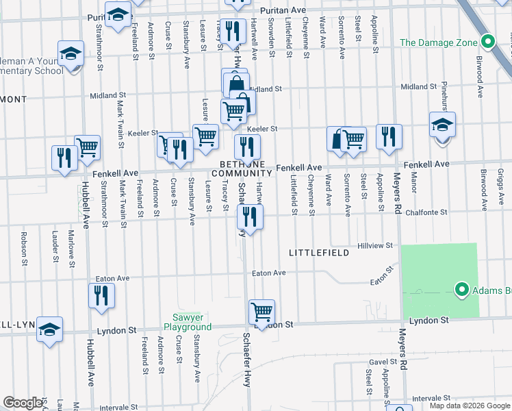 map of restaurants, bars, coffee shops, grocery stores, and more near 15044 Hartwell Avenue in Detroit