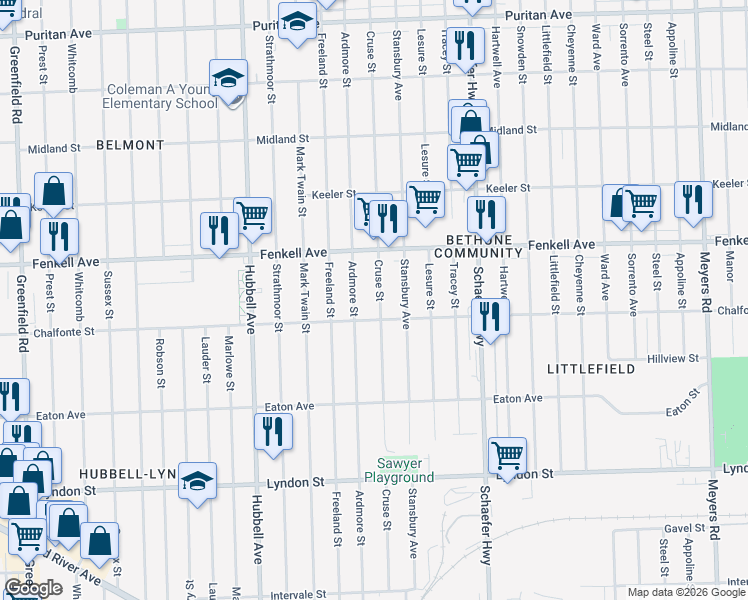 map of restaurants, bars, coffee shops, grocery stores, and more near 15046 Ardmore Street in Detroit