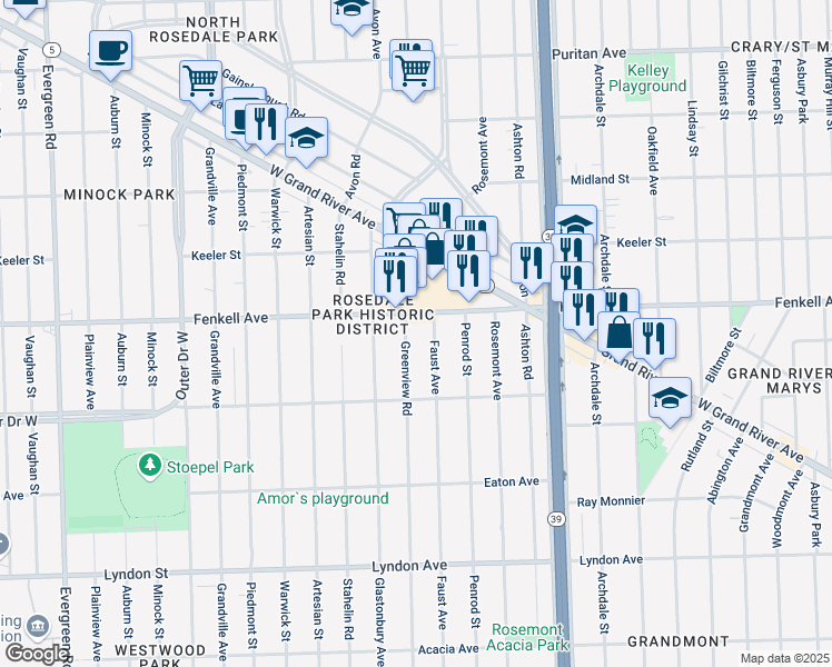 map of restaurants, bars, coffee shops, grocery stores, and more near 15141 Faust Avenue in Detroit