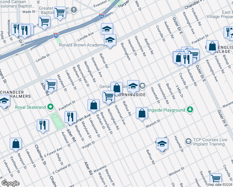 map of restaurants, bars, coffee shops, grocery stores, and more near 5034 Balfour Road in Detroit