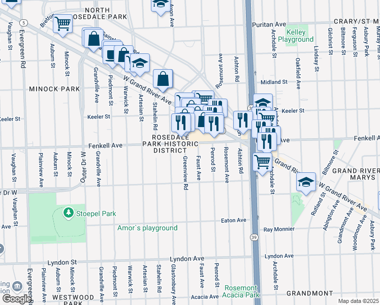 map of restaurants, bars, coffee shops, grocery stores, and more near 15141 Faust Avenue in Detroit