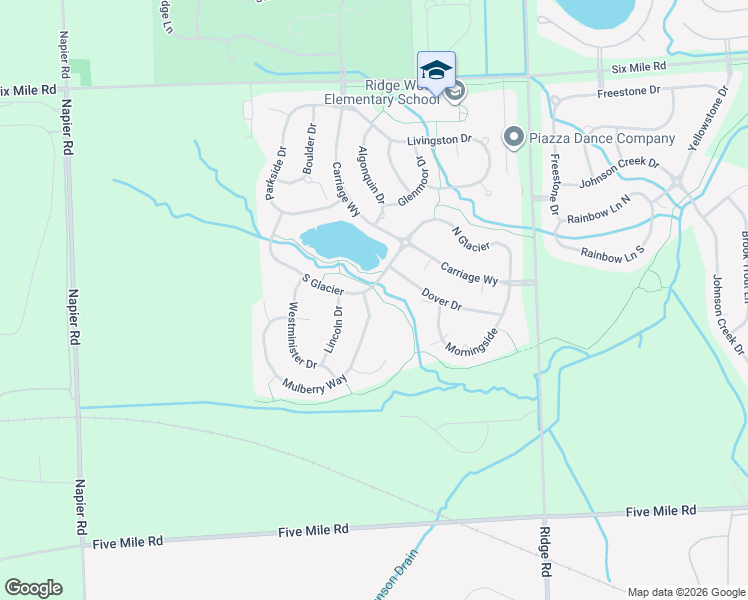 map of restaurants, bars, coffee shops, grocery stores, and more near 16883 Dover Drive in Northville