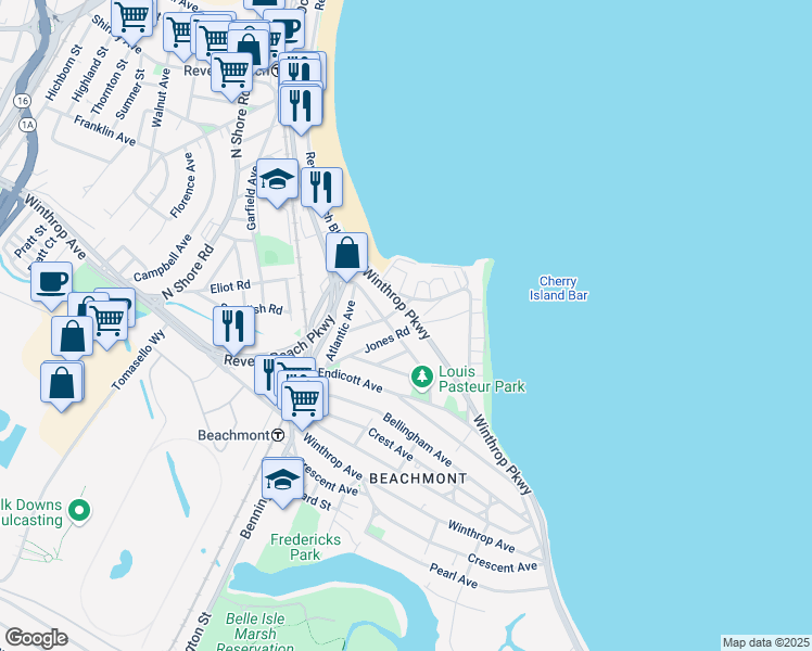 map of restaurants, bars, coffee shops, grocery stores, and more near 90 Jones Rd in Revere