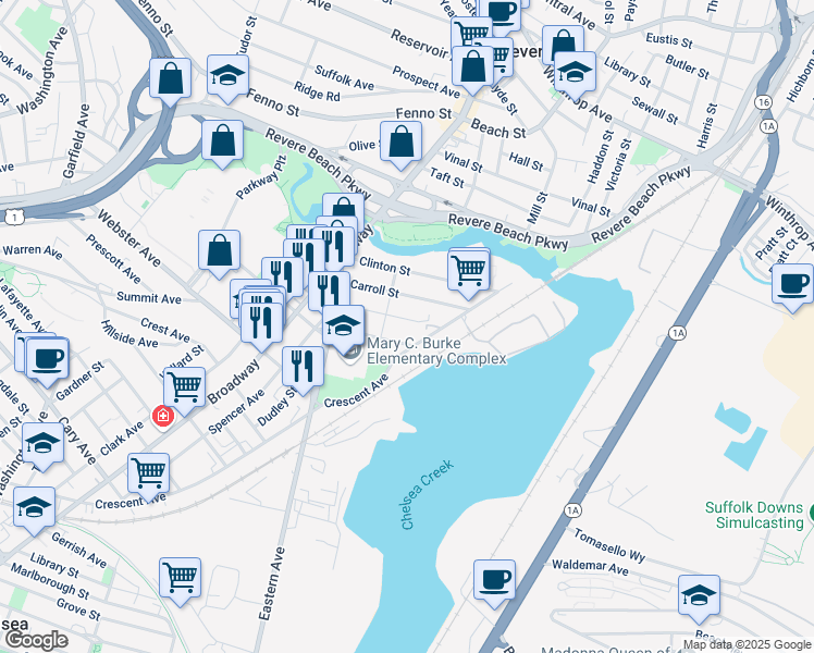 map of restaurants, bars, coffee shops, grocery stores, and more near 64 Hooper Street in Chelsea