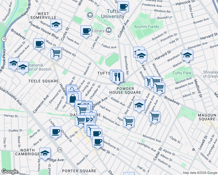 map of restaurants, bars, coffee shops, grocery stores, and more near 32 Billingham Street in Somerville